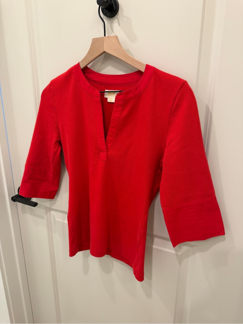 Maeve Bright Red Split-Neck 3/4 Sleeve Tee